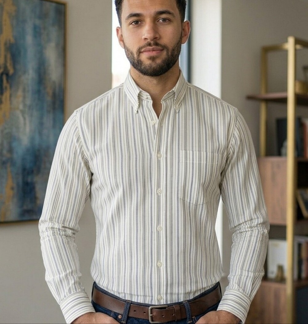 Club Room Men's Vertical Stripe Button-Down Shirt in Cream and Gray